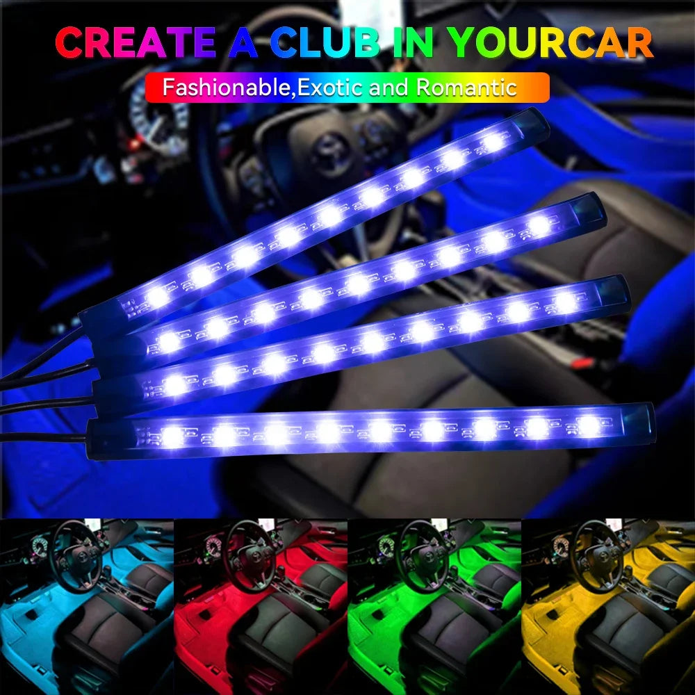 Car Interior Ambient Foot Light with USB Wireless Remote Music APP Control Auto RGB Atmosphere Decorative Lamp