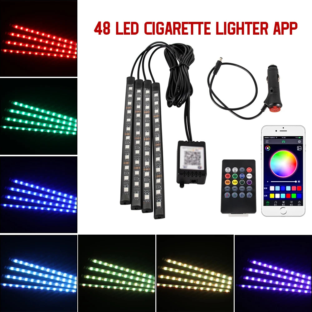 Car Interior Ambient Foot Light with USB Wireless Remote Music APP Control Auto RGB Atmosphere Decorative Lamp