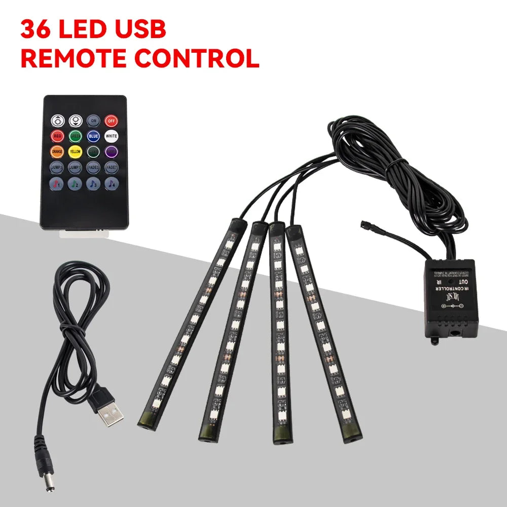 Car Interior Ambient Foot Light with USB Wireless Remote Music APP Control Auto RGB Atmosphere Decorative Lamp