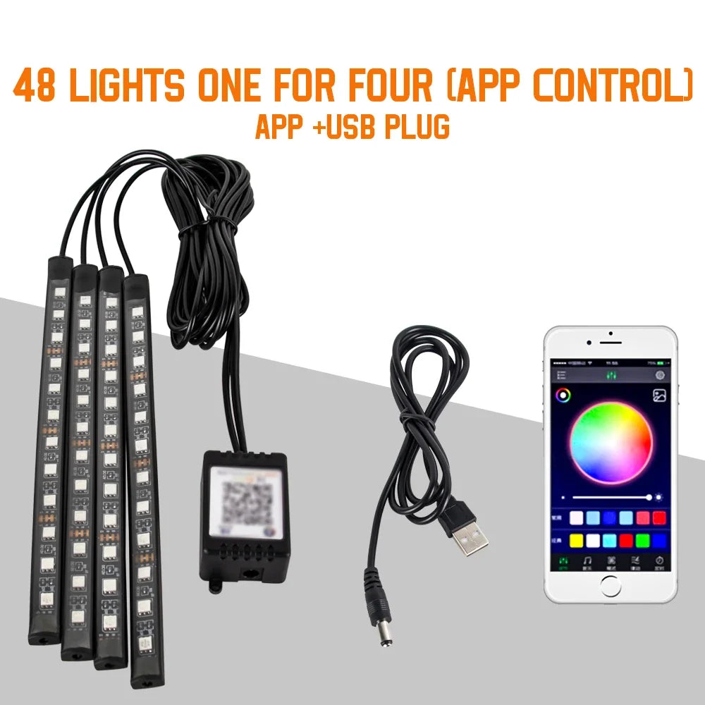 Car Interior Ambient Foot Light with USB Wireless Remote Music APP Control Auto RGB Atmosphere Decorative Lamp