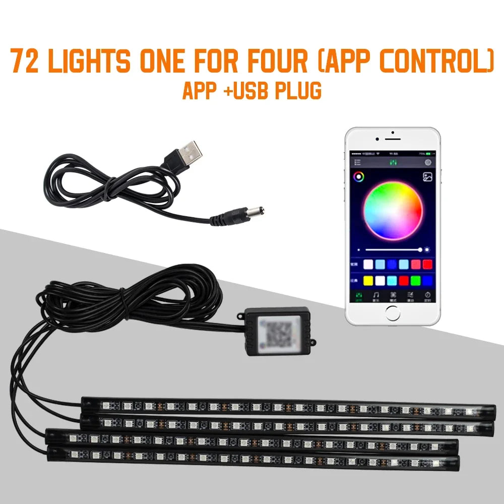 Car Interior Ambient Foot Light with USB Wireless Remote Music APP Control Auto RGB Atmosphere Decorative Lamp
