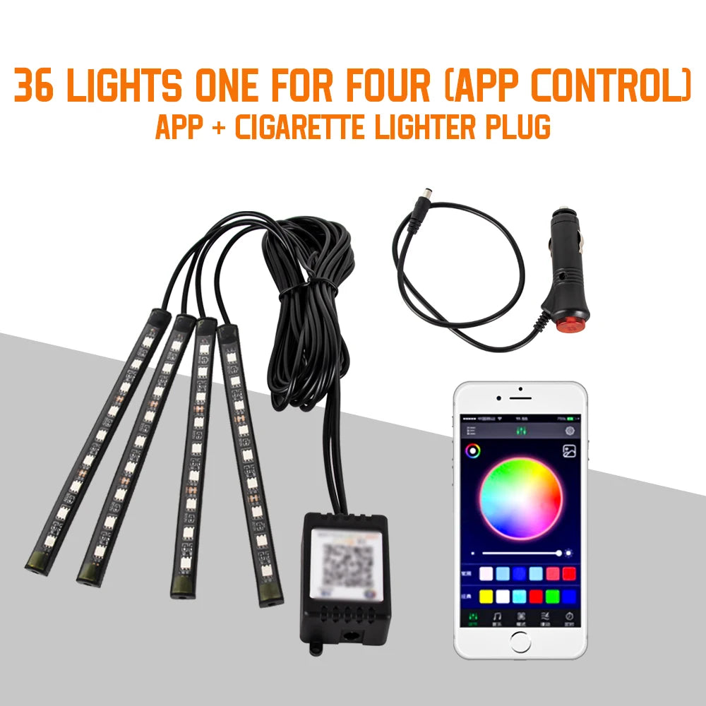 Car Interior Ambient Foot Light with USB Wireless Remote Music APP Control Auto RGB Atmosphere Decorative Lamp