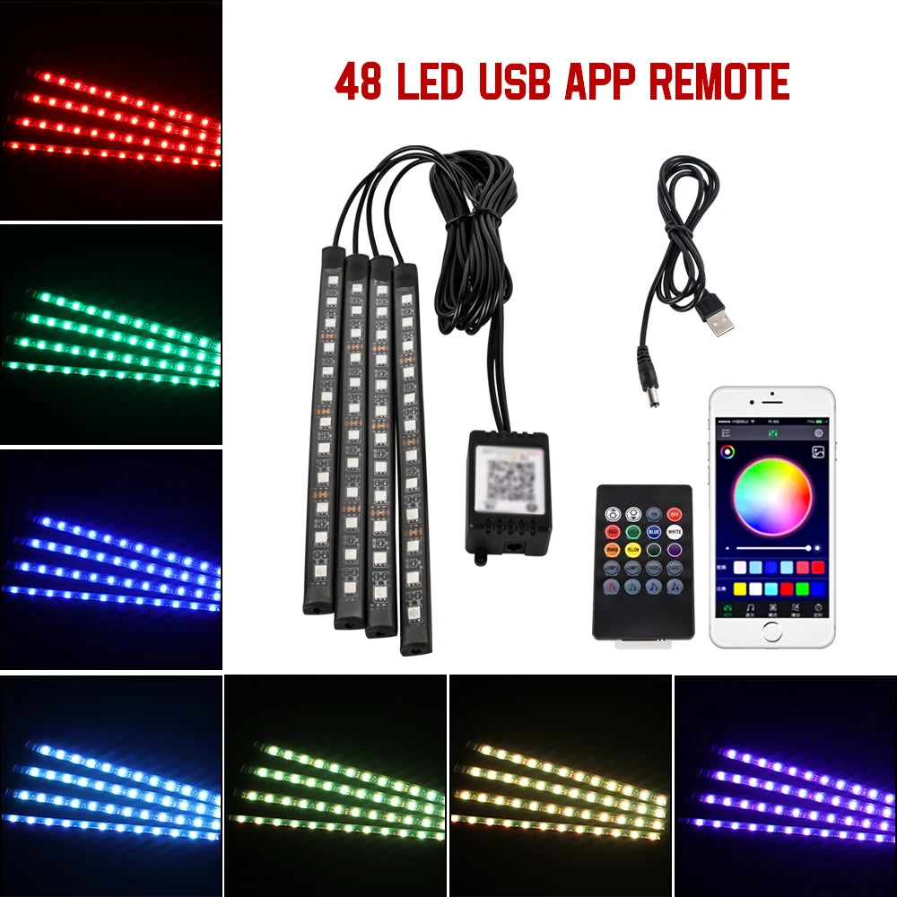 Car Interior Ambient Foot Light with USB Wireless Remote Music APP Control Auto RGB Atmosphere Decorative Lamp