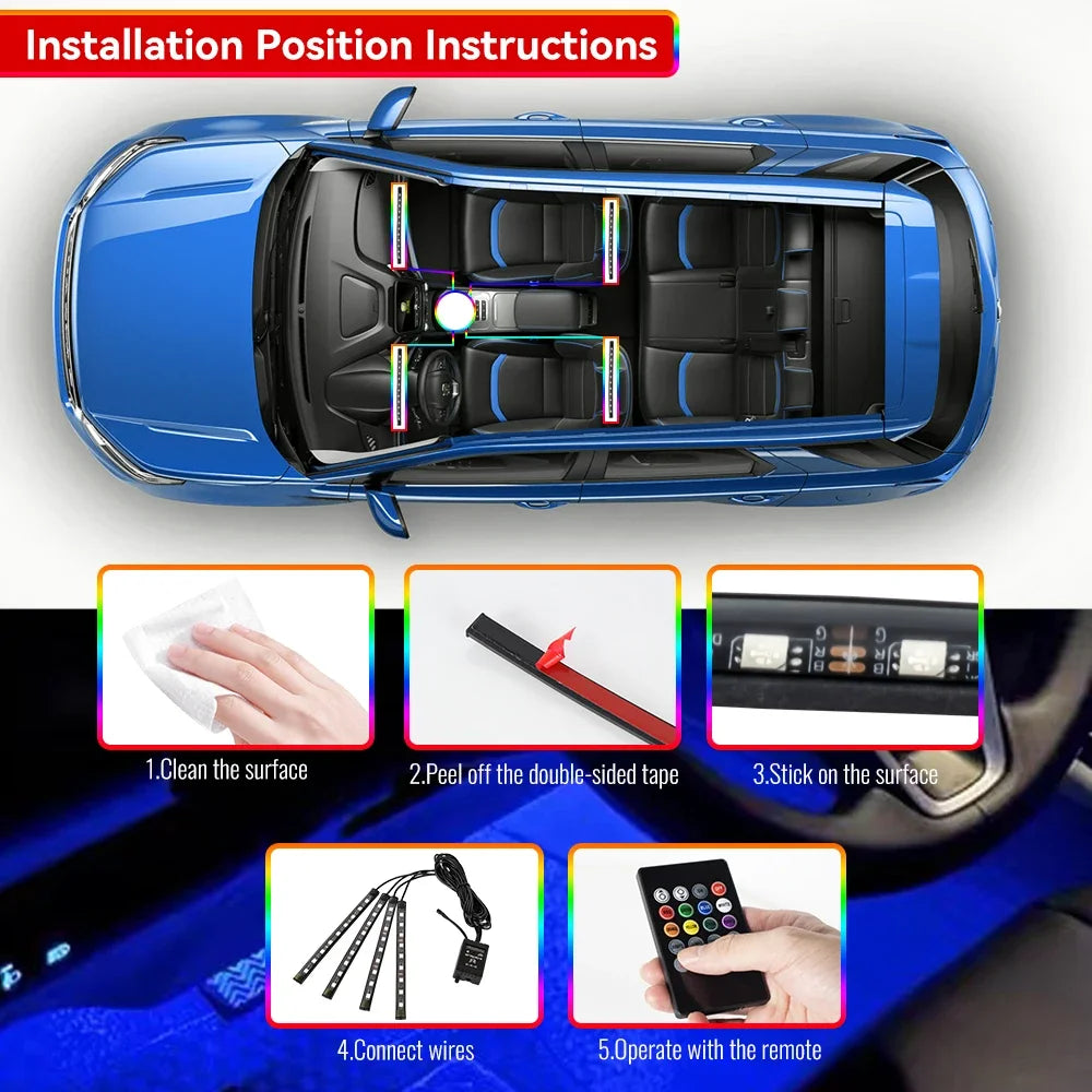 Car Interior Ambient Foot Light with USB Wireless Remote Music APP Control Auto RGB Atmosphere Decorative Lamp