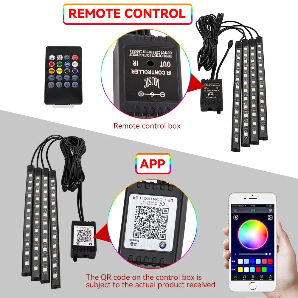 Car Interior Ambient Foot Light with USB Wireless Remote Music APP Control Auto RGB Atmosphere Decorative Lamp