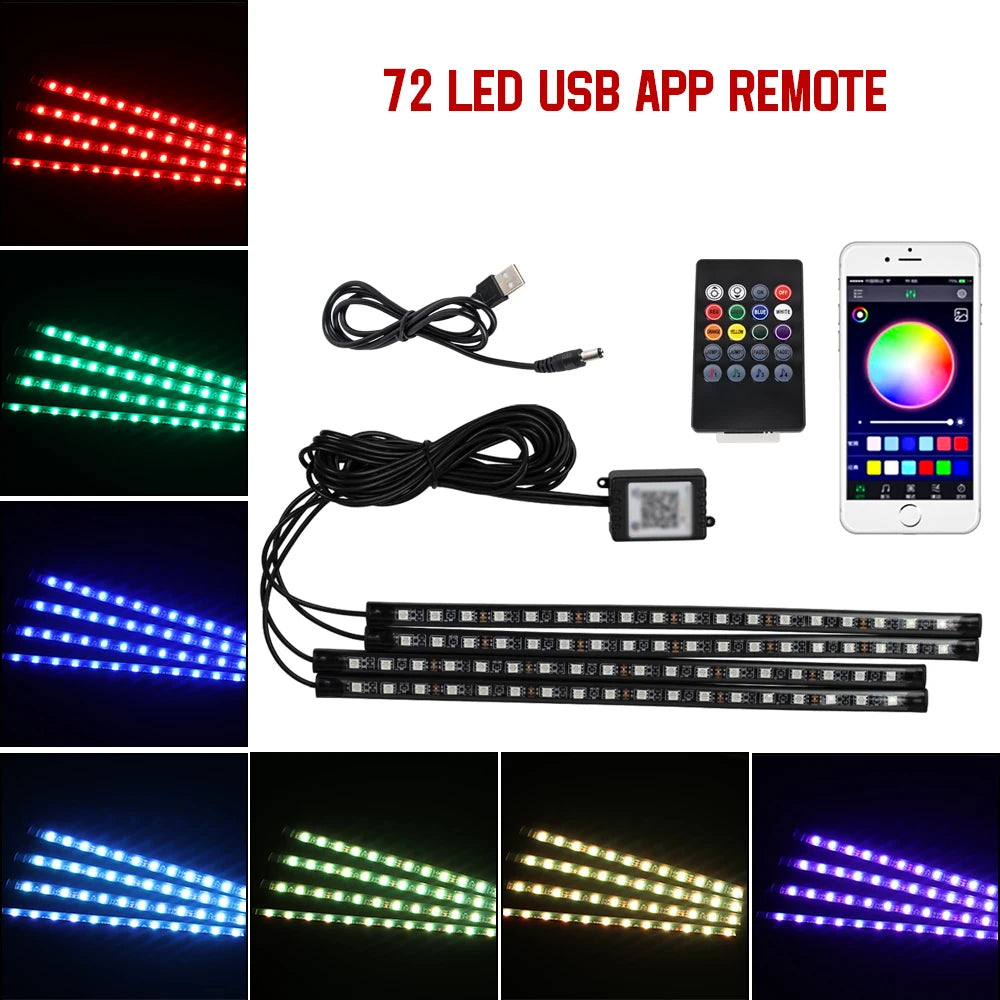 Car Interior Ambient Foot Light with USB Wireless Remote Music APP Control Auto RGB Atmosphere Decorative Lamp