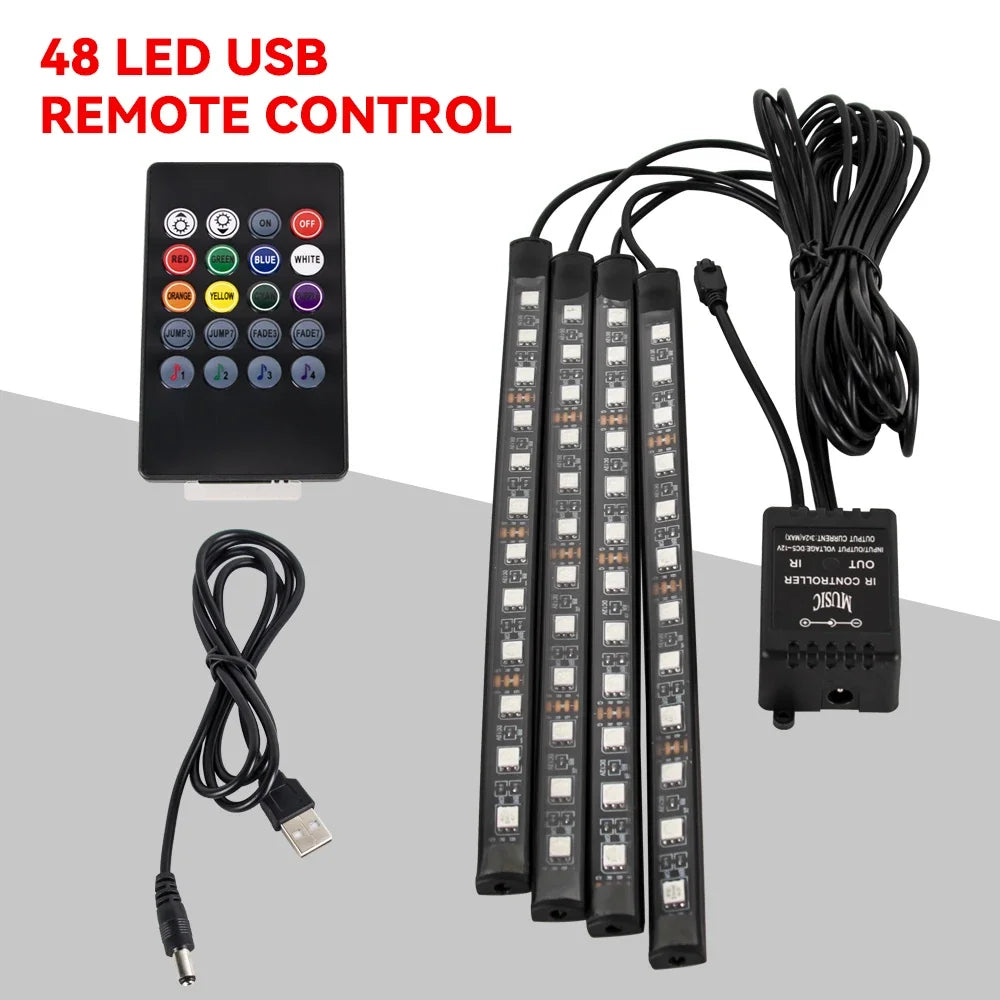 Car Interior Ambient Foot Light with USB Wireless Remote Music APP Control Auto RGB Atmosphere Decorative Lamp