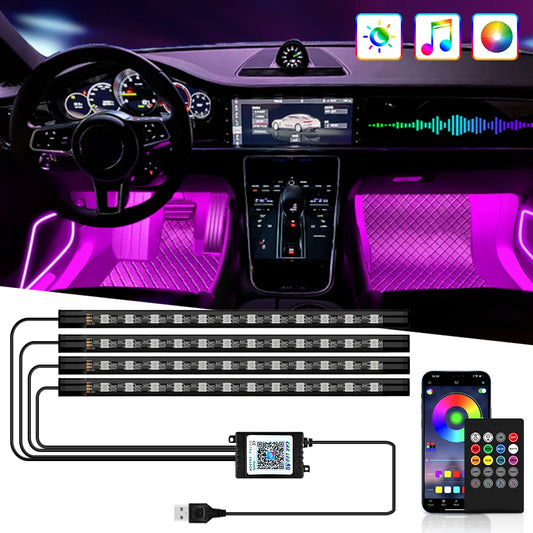 Car Interior Ambient Foot Light with USB Wireless Remote Music APP Control Auto RGB Atmosphere Decorative Lamp