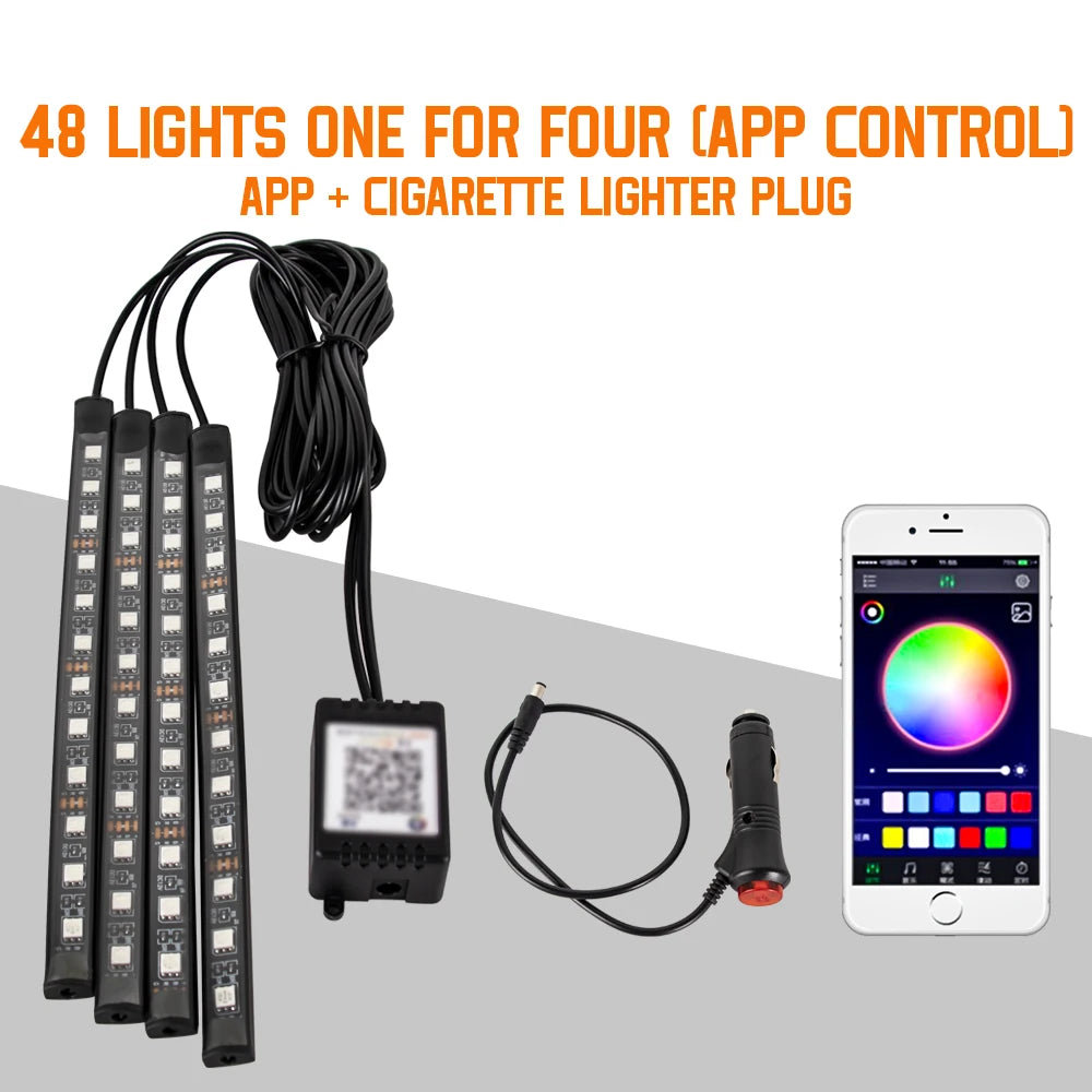Car Interior Ambient Foot Light with USB Wireless Remote Music APP Control Auto RGB Atmosphere Decorative Lamp